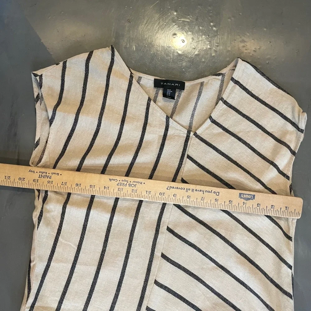 Tahari‎ Asymmetrical Stripe Midi Dress Women's Medium Linen Blend V Neck - Picture 4 of 7